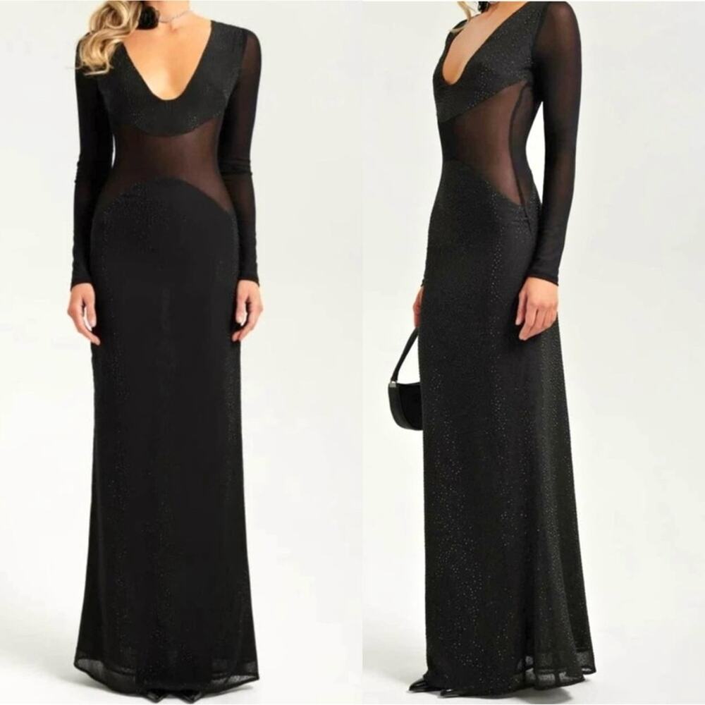 Heiress Beverly Hills Chic Black Evening Dress Sheer Cutout Crystals Size Large